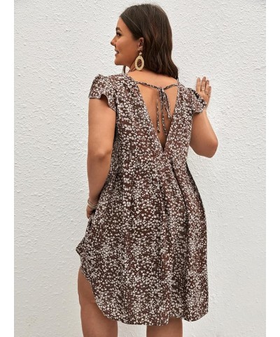 Women's Plus Size Ditsy Floral Print Ruffle Trim Flared Mini Dress Coffee Brown $15.96 Dresses