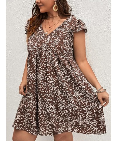 Women's Plus Size Ditsy Floral Print Ruffle Trim Flared Mini Dress Coffee Brown $15.96 Dresses