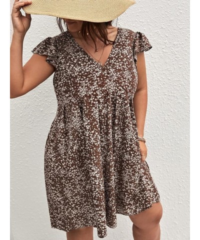 Women's Plus Size Ditsy Floral Print Ruffle Trim Flared Mini Dress Coffee Brown $15.96 Dresses