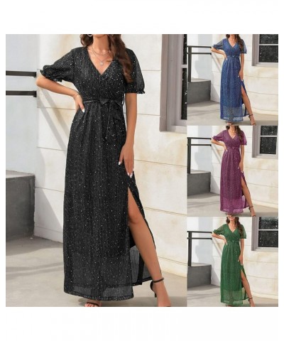Summer Dresses for Women 2023 Casual Polka Dots Boho Dress Short Sleeve V Neck Smocked High Waist Tiered Maxi Dress 06-black ...