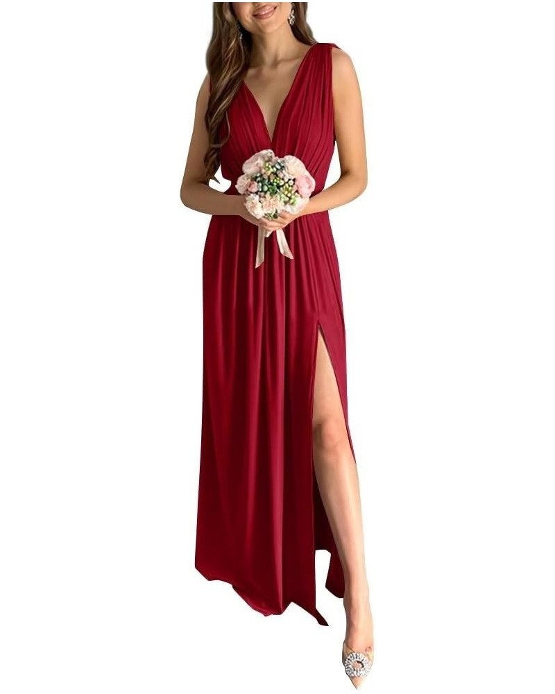 Spaghetti Strap Bridesmaid Dresses for Women 2023 Long Chiffon A Line V Neck Side Slit Prom Evening Gown for Wedding Rust $36...