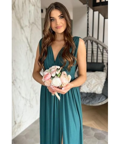 Spaghetti Strap Bridesmaid Dresses for Women 2023 Long Chiffon A Line V Neck Side Slit Prom Evening Gown for Wedding Rust $36...