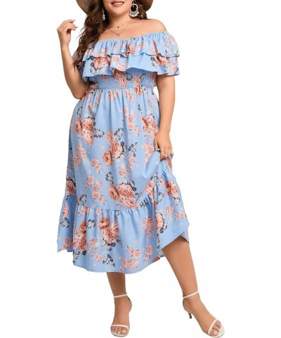 Women Plus Size Off Shoulder Maxi Dress Ruffle Flowy Casual Summer Boho Long Dresses Blue Flower $18.76 Dresses
