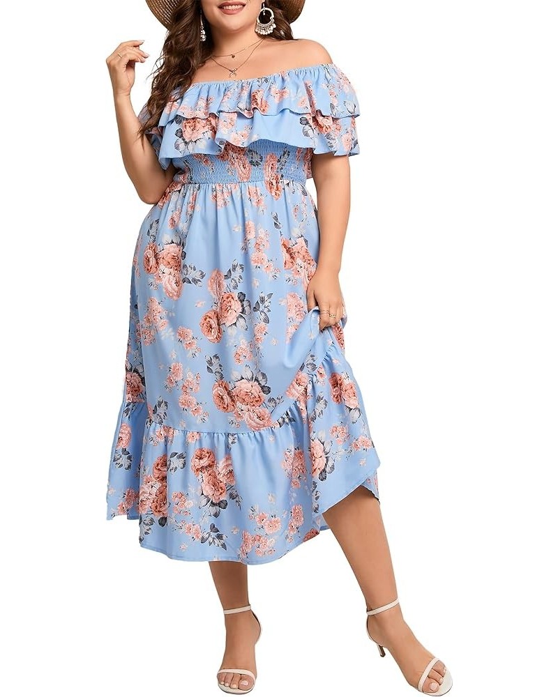 Women Plus Size Off Shoulder Maxi Dress Ruffle Flowy Casual Summer Boho Long Dresses Blue Flower $18.76 Dresses