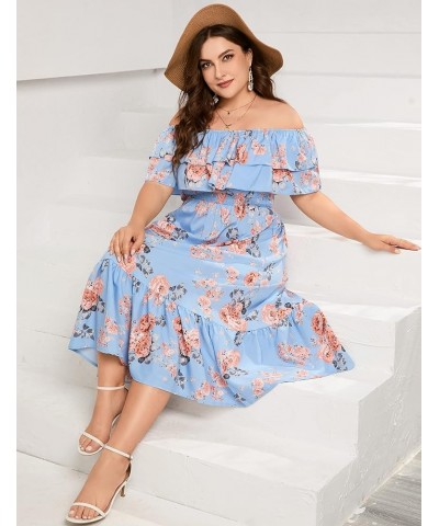 Women Plus Size Off Shoulder Maxi Dress Ruffle Flowy Casual Summer Boho Long Dresses Blue Flower $18.76 Dresses