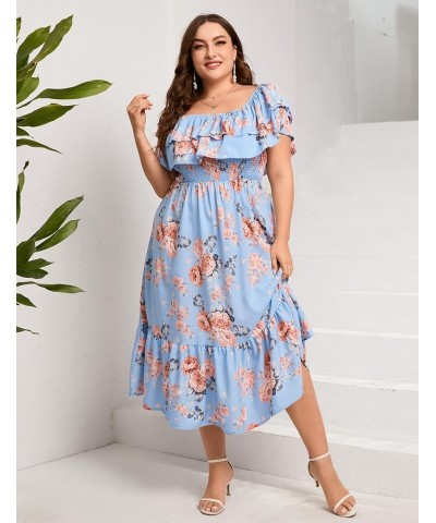 Women Plus Size Off Shoulder Maxi Dress Ruffle Flowy Casual Summer Boho Long Dresses Blue Flower $18.76 Dresses