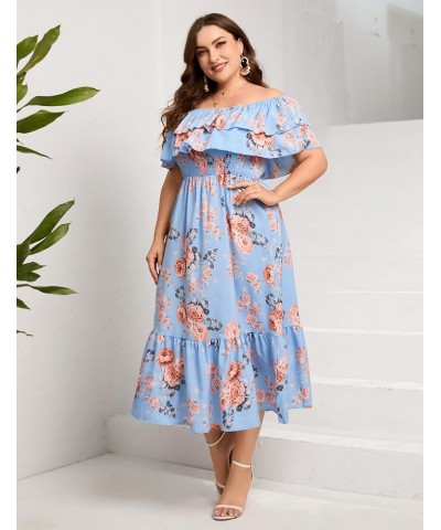 Women Plus Size Off Shoulder Maxi Dress Ruffle Flowy Casual Summer Boho Long Dresses Blue Flower $18.76 Dresses