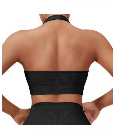 Women Seamless Halter Sports Bra Open Back Padded Workout Crop Tank Tops Black $14.99 Lingerie