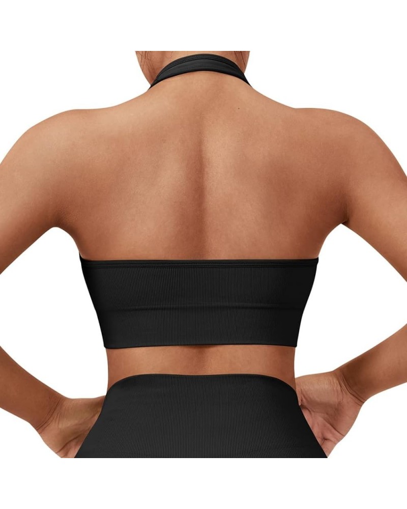 Women Seamless Halter Sports Bra Open Back Padded Workout Crop Tank Tops Black $14.99 Lingerie