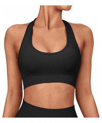 Women Seamless Halter Sports Bra Open Back Padded Workout Crop Tank Tops Black $14.99 Lingerie