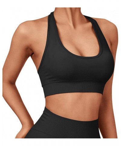 Women Seamless Halter Sports Bra Open Back Padded Workout Crop Tank Tops Black $14.99 Lingerie