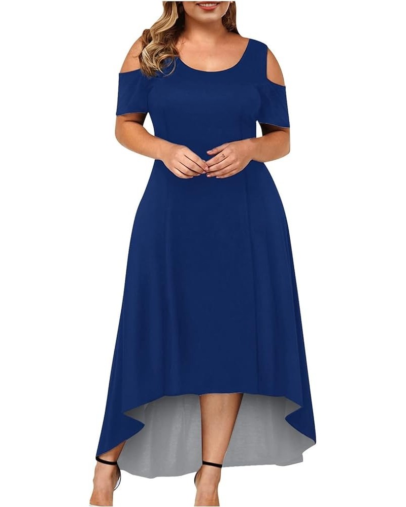 Women's Summer Plus Size Maxi Dresses, Women Sexy Cold Shoulder Short Sleeves Crewneck Dress for Wedding Guest Blue $7.65 Dre...