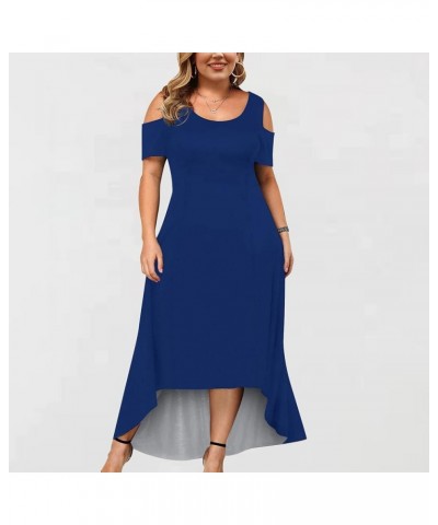 Women's Summer Plus Size Maxi Dresses, Women Sexy Cold Shoulder Short Sleeves Crewneck Dress for Wedding Guest Blue $7.65 Dre...