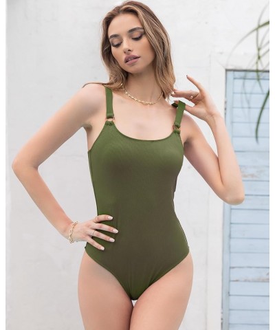 Ribbed One Piece Swimsuit Women Modest Shoulder Strap Cutout O-Ring Bathing Suit Green $9.66 Swimsuits