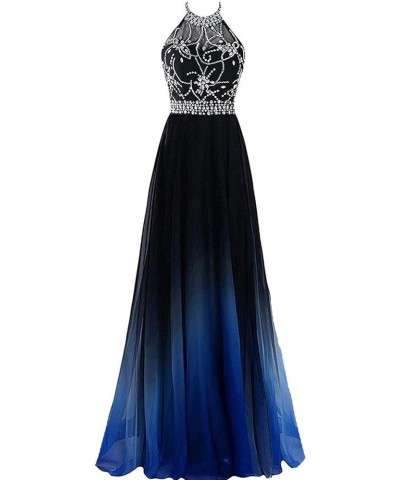 Sheer Beaded Halter Gradient Ombre Chiffon Long Prom Evening Dresses Black Royal Blue $34.10 Dresses