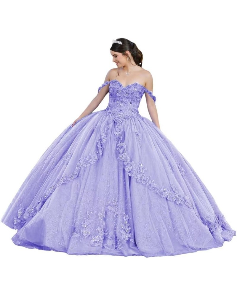Women's Off The Shoulder Quinceanera Dresses Ball Gown Puffy Tulle Beaded Prom Dress Sweet 15 Party Gowns Hr09 Lavender $51.2...