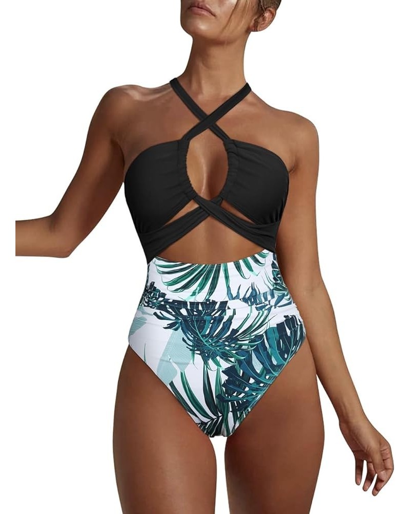 Women's Sexy Cutout One Piece Swimsuit Halter Plunge Neckline Bathing Suits High Cut Criss Cross Monokini Swimwear Black&gree...