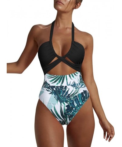 Women's Sexy Cutout One Piece Swimsuit Halter Plunge Neckline Bathing Suits High Cut Criss Cross Monokini Swimwear Black&gree...