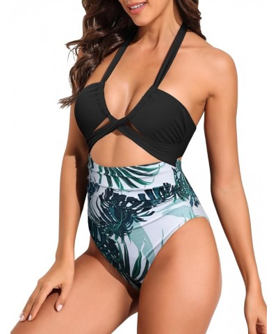 Women's Sexy Cutout One Piece Swimsuit Halter Plunge Neckline Bathing Suits High Cut Criss Cross Monokini Swimwear Black&gree...