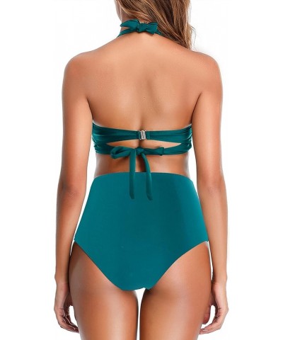 Womens High Waisted Bikini Push Up Vintage Swimsuits Halter Top Tummy Control Ruched Bottom Two Piece Bathing Suits Turquoise...