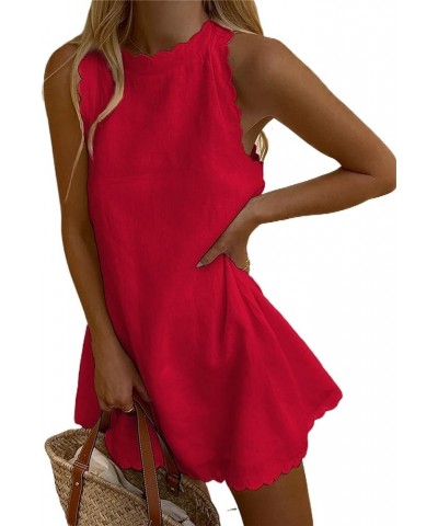 Women Casual Tank Dress Sleeveless Mock Neck Back Zipper Linen Summer Dress Scallop Halter Dress Sundress Beachwear Red $13.1...