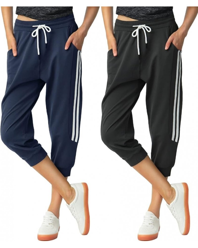 Capri Sweatpants for Women Casual Capri Pants Capri Joggers Sports Pants Cropped Joggers with Pockets Black+navy $11.25 Pants