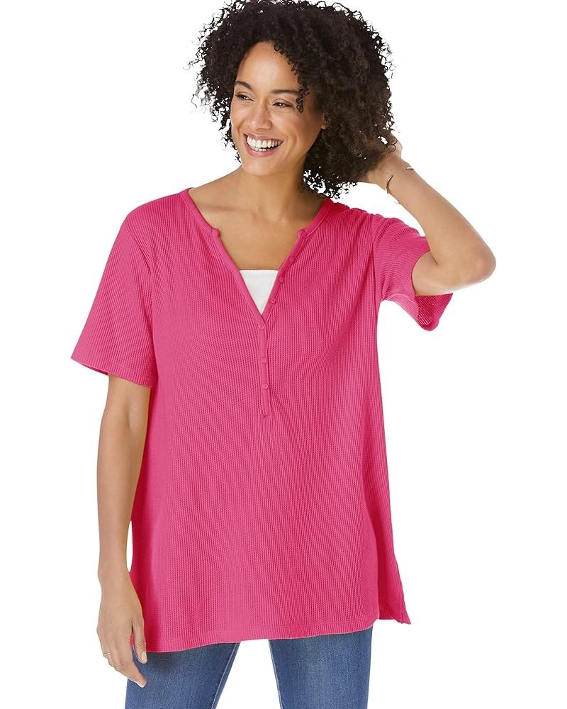 Women's Plus Size Split-Neck Henley Thermal Waffle Tee Shirt Raspberry Sorbet $18.33 Tops