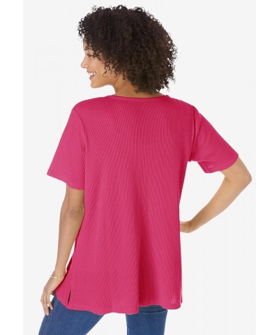 Women's Plus Size Split-Neck Henley Thermal Waffle Tee Shirt Raspberry Sorbet $18.33 Tops