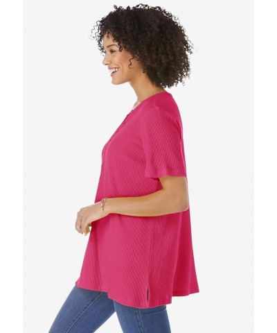 Women's Plus Size Split-Neck Henley Thermal Waffle Tee Shirt Raspberry Sorbet $18.33 Tops