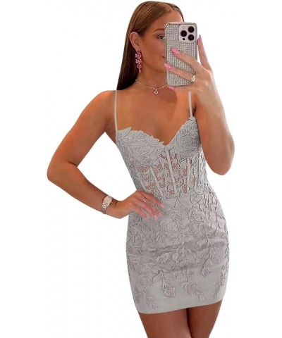 Short Lace Applique Homecoming Dresses for Teens Spaghetti Strap Tight Corset Prom Dress Silver $40.50 Dresses