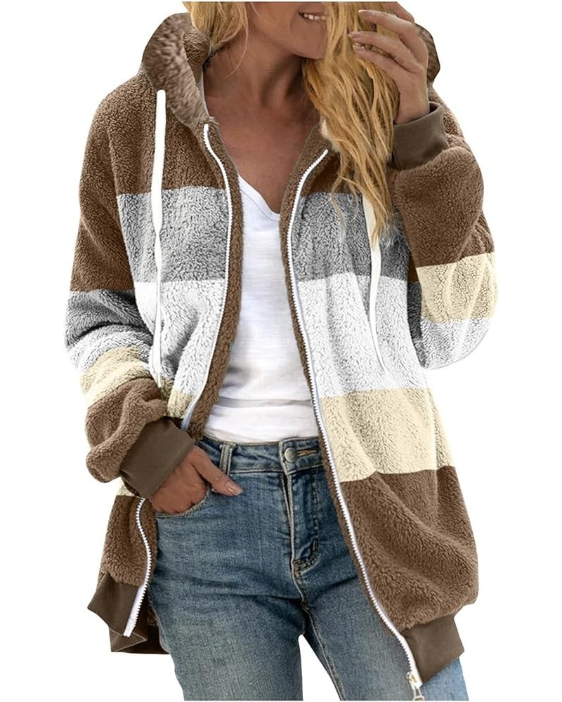 Women's Sherpa Jackets Fuzzy Fleece Full Zip Up Hooded Coat Plus Size Winter Warm Shaggy Jacket Long Sleeve Outerwear A7-brow...