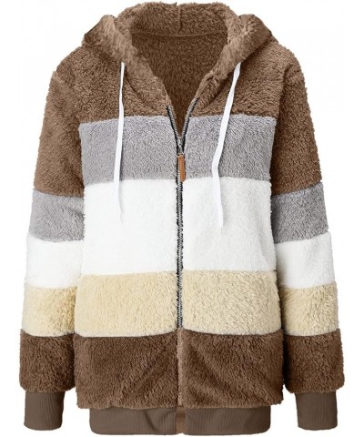 Women's Sherpa Jackets Fuzzy Fleece Full Zip Up Hooded Coat Plus Size Winter Warm Shaggy Jacket Long Sleeve Outerwear A7-brow...