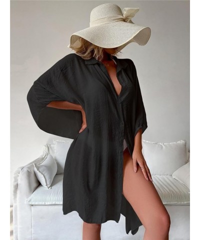 Womens Swimsuit Cover ups Casual Bathing Suit Cover Up for Women Open Front Loose Beachwear Button Down Collar Black $11.75 S...