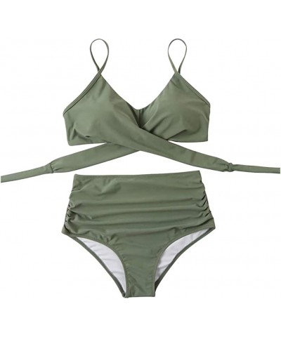 Bikini Sets for Women,Two Piece Vintage Swimsuit Retro Halter Ruched Print High Waist Bikini with Bottom 1-green $3.77 Swimsuits