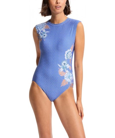 Women's Cap Sleeve Full Coverage Open Back One Piece Swimsuit Eden Azure $65.54 Swimsuits