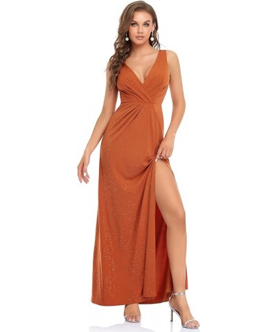 Women's V-Neck Glitter Dress Side Split Evening Dress 7505 Burnt Orange $37.22 Dresses