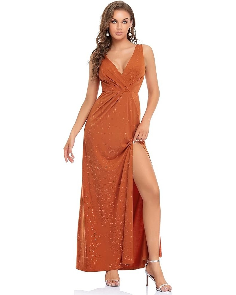 Women's V-Neck Glitter Dress Side Split Evening Dress 7505 Burnt Orange $37.22 Dresses