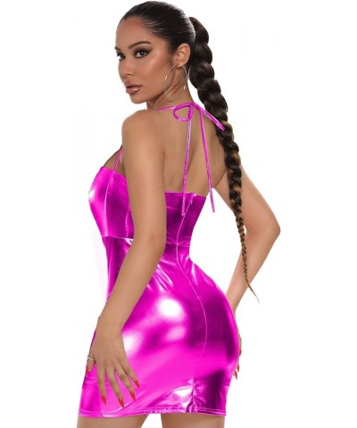 Metallic Short Corset Dress for Women Leather Bodycon Holographic Dress Sexy Halter Ruched Sparkly Mini Club Dress Pink $18.5...