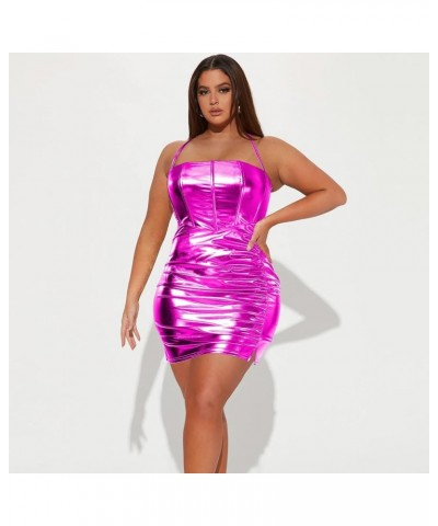 Metallic Short Corset Dress for Women Leather Bodycon Holographic Dress Sexy Halter Ruched Sparkly Mini Club Dress Pink $18.5...