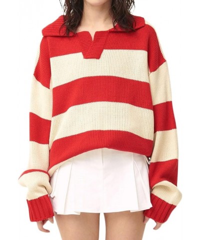 Women Crewneck Long Sleeve Sweater Floral Printed Knitted Pullover Sweaters Y2K Graphic Knitwear A Red Striped $14.40 Sweaters