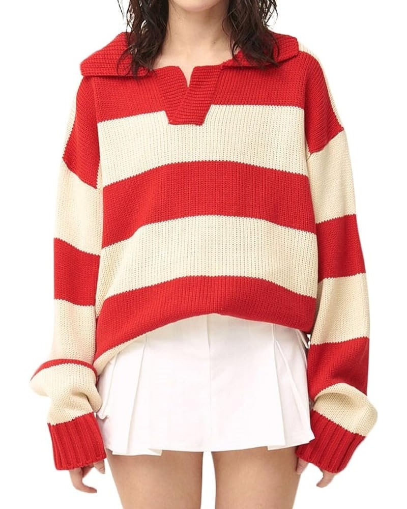 Women Crewneck Long Sleeve Sweater Floral Printed Knitted Pullover Sweaters Y2K Graphic Knitwear A Red Striped $14.40 Sweaters