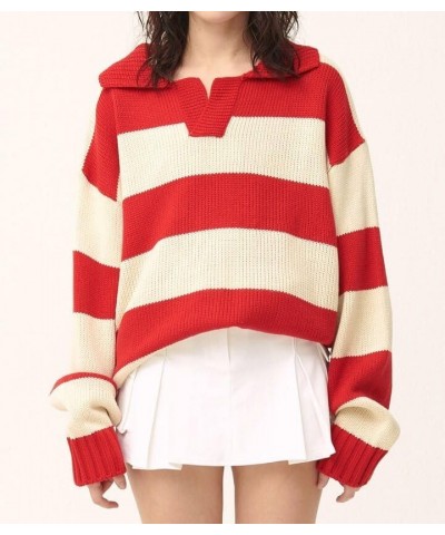 Women Crewneck Long Sleeve Sweater Floral Printed Knitted Pullover Sweaters Y2K Graphic Knitwear A Red Striped $14.40 Sweaters