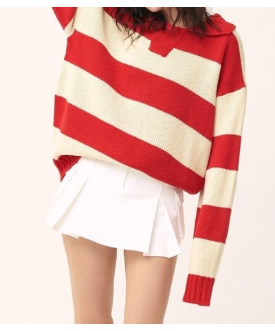 Women Crewneck Long Sleeve Sweater Floral Printed Knitted Pullover Sweaters Y2K Graphic Knitwear A Red Striped $14.40 Sweaters