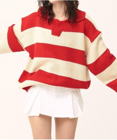 Women Crewneck Long Sleeve Sweater Floral Printed Knitted Pullover Sweaters Y2K Graphic Knitwear A Red Striped $14.40 Sweaters