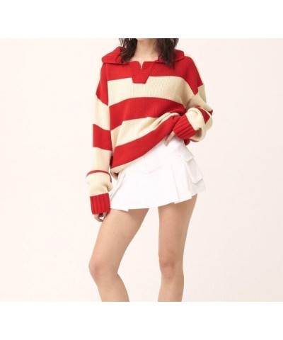 Women Crewneck Long Sleeve Sweater Floral Printed Knitted Pullover Sweaters Y2K Graphic Knitwear A Red Striped $14.40 Sweaters