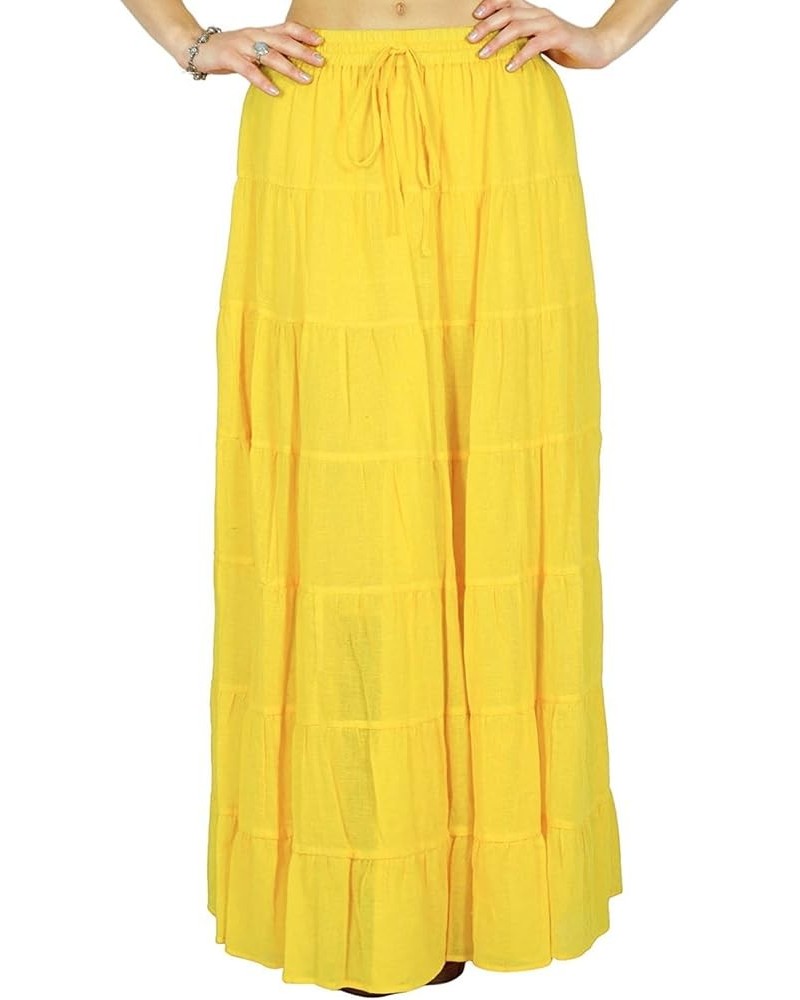 Solid Long Maxi Cotton Beach Wear Skirt for Women Elastic Waist Skirt Summer Wear Pale Yellow $19.03 Skirts