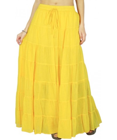 Solid Long Maxi Cotton Beach Wear Skirt for Women Elastic Waist Skirt Summer Wear Pale Yellow $19.03 Skirts