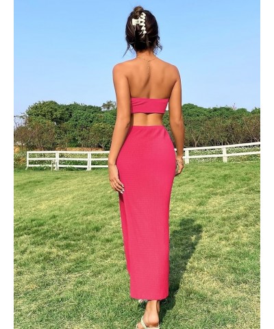 Women's Strapless Bandeau Tube Split Cut Out Dress Sleeveless Maxi Dresses Hot Pink $17.48 Dresses