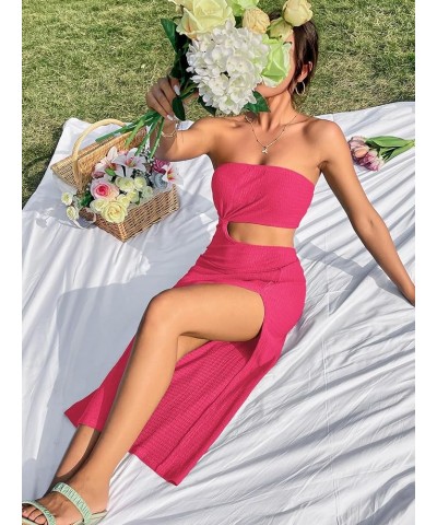 Women's Strapless Bandeau Tube Split Cut Out Dress Sleeveless Maxi Dresses Hot Pink $17.48 Dresses