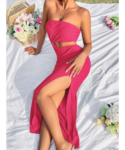 Women's Strapless Bandeau Tube Split Cut Out Dress Sleeveless Maxi Dresses Hot Pink $17.48 Dresses